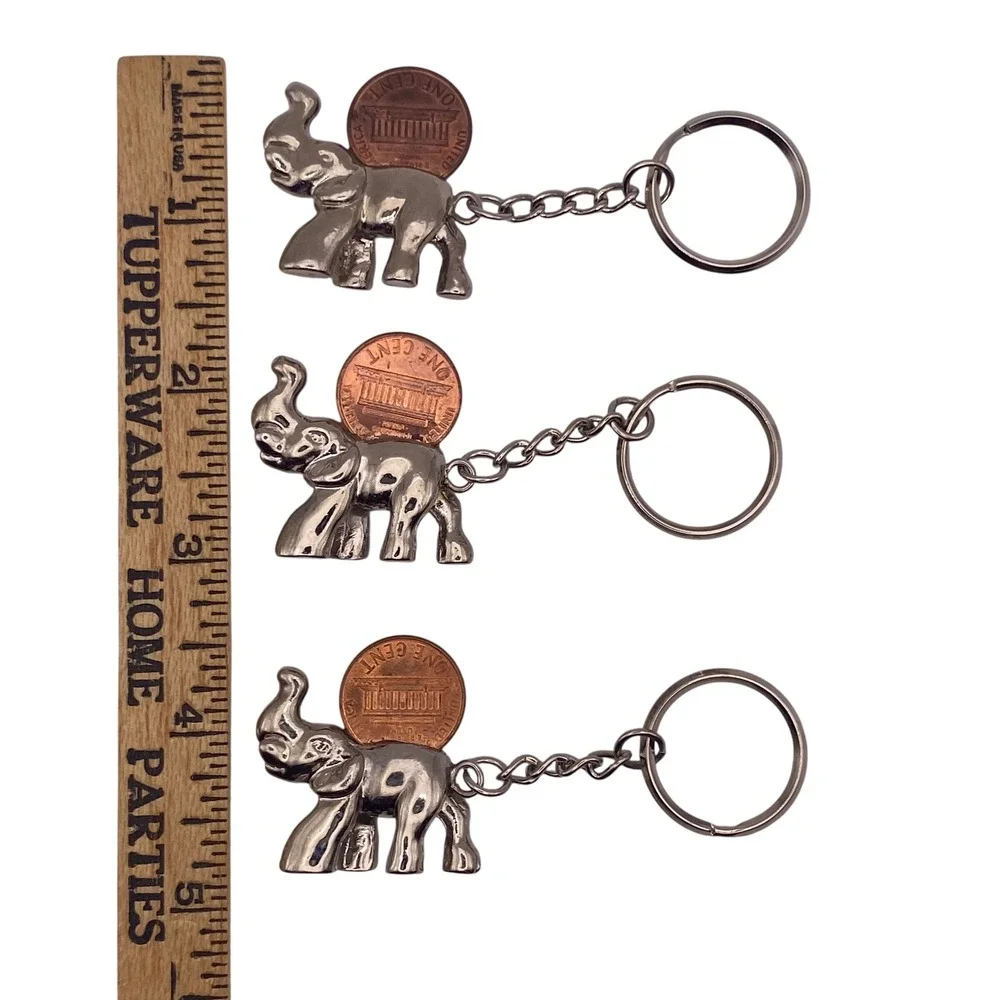 Set of 3 Vintage Silver Tone Good Luck Elephant Keychains Lucky Penny Holder